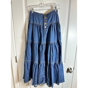 Cider Women's Denim Maxi Skirt Tiered Long Jean Button Front Blue S